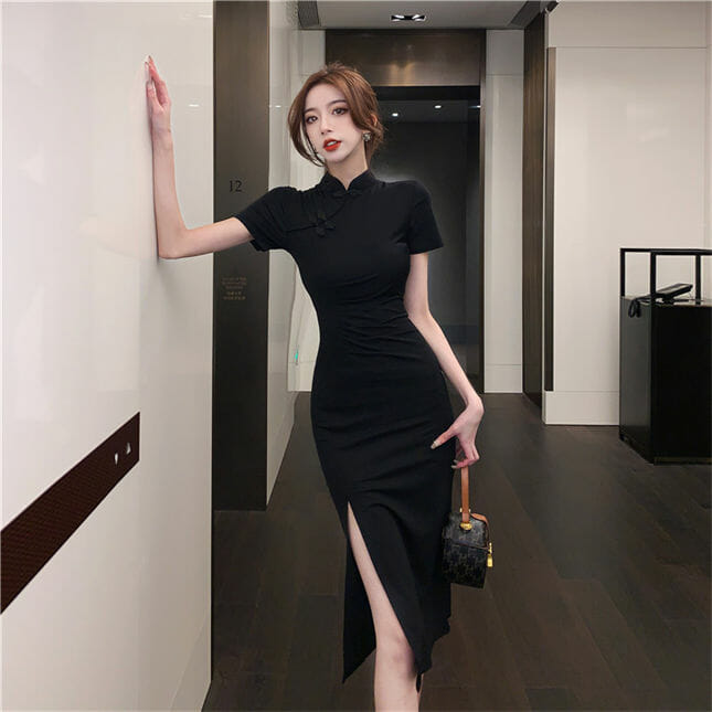 Korea Split Pleated Skinny Cheongsam Dress2 Korea Split Pleated Skinny Cheongsam Dress 4