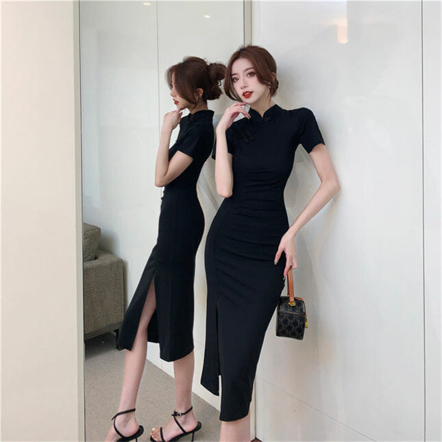 Korea Split Pleated Skinny Cheongsam Dress3 Korea Split Pleated Skinny Cheongsam Dress 3