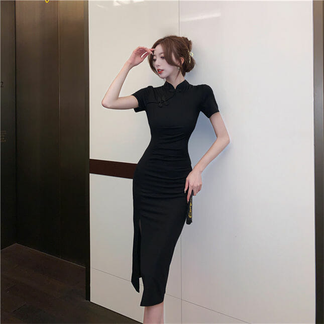 Korea Split Pleated Skinny Cheongsam Dress4 Korea Split Pleated Skinny Cheongsam Dress 2