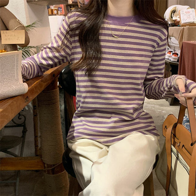 Korea Spring 3 Colors Round Neck Stripes Cotton T-Shirt Korea Spring 3 Colors Round Neck Stripes Cotton T-shirt 6