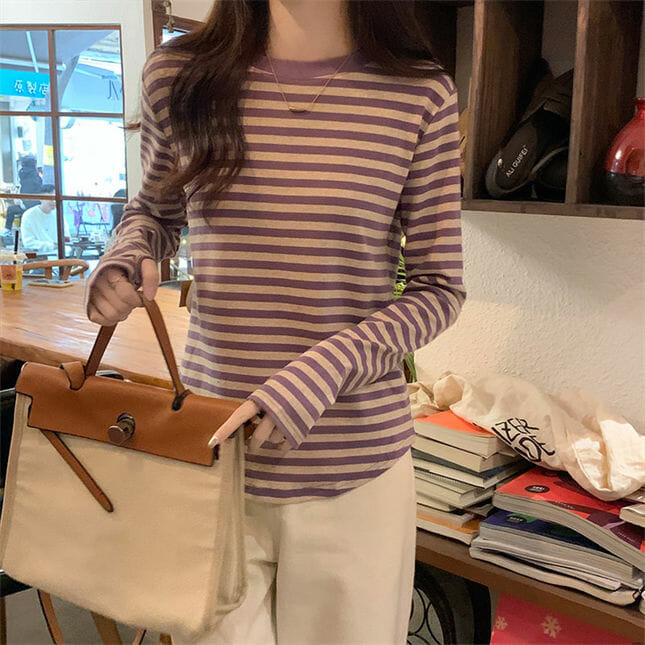 Korea Spring 3 Colors Round Neck Stripes Cotton T-Shirt2 Korea Spring 3 Colors Round Neck Stripes Cotton T-shirt 5