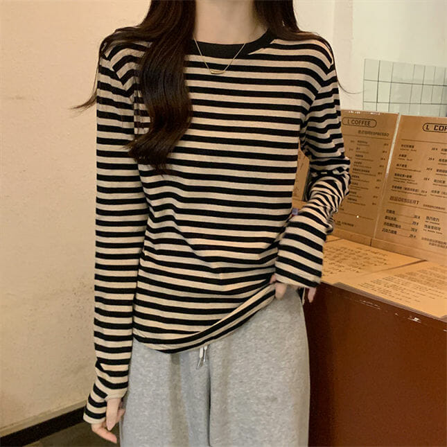 Korea Spring 3 Colors Round Neck Stripes Cotton T-Shirt4 Korea Spring 3 Colors Round Neck Stripes Cotton T-shirt 3