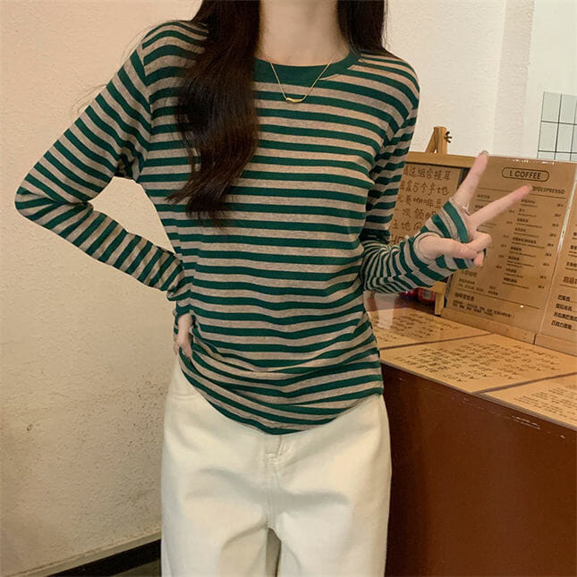 Korea Spring 3 Colors Round Neck Stripes Cotton T-Shirt5 Korea Spring 3 Colors Round Neck Stripes Cotton T-shirt 2