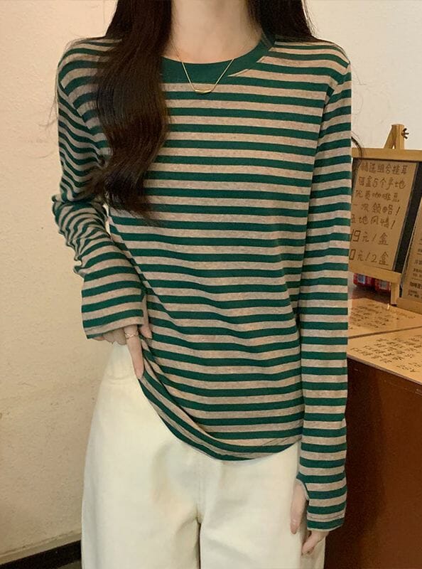 Korea Spring 3 Colors Round Neck Stripes Cotton T-Shirt6 Korea Spring 3 Colors Round Neck Stripes Cotton T-shirt 1