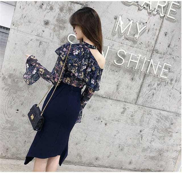 Korea Spring Flowers Chiffon Blouse With Fishtail Split Skirt Korea Spring Flowers Chiffon Blouse with Fishtail Split Skirt 5