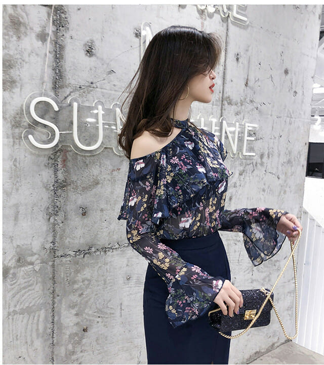 Korea Spring Flowers Chiffon Blouse With Fishtail Split Skirt2 Korea Spring Flowers Chiffon Blouse with Fishtail Split Skirt 4