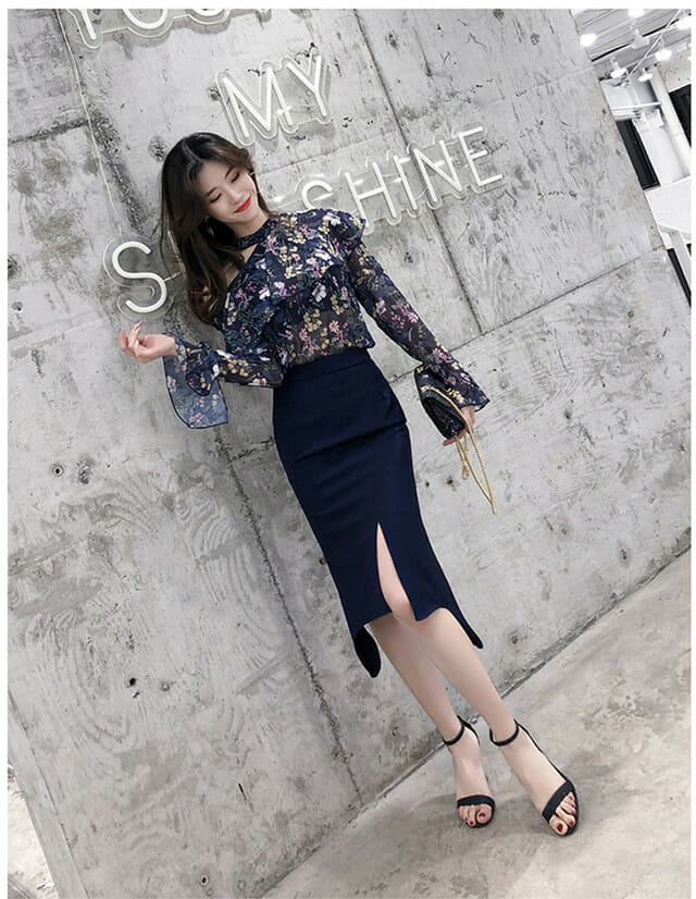 Korea Spring Flowers Chiffon Blouse With Fishtail Split Skirt3 Korea Spring Flowers Chiffon Blouse with Fishtail Split Skirt 3