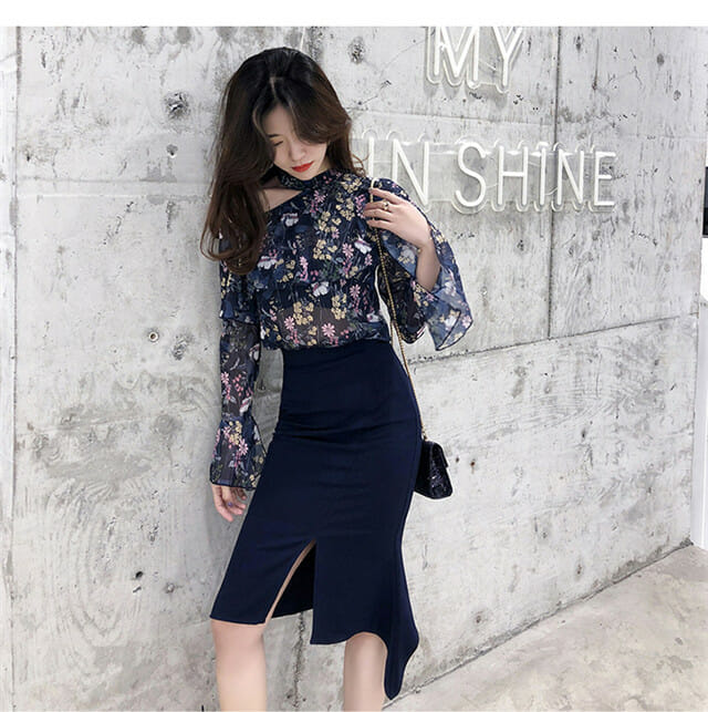 Korea Spring Flowers Chiffon Blouse With Fishtail Split Skirt4 Korea Spring Flowers Chiffon Blouse with Fishtail Split Skirt 2