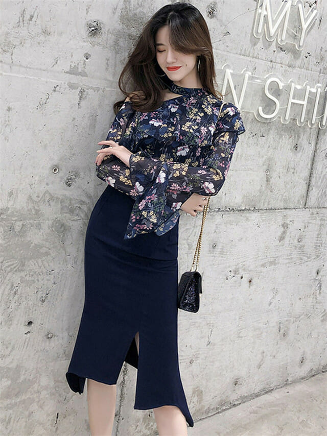 Korea Spring Flowers Chiffon Blouse With Fishtail Split Skirt5 Korea Spring Flowers Chiffon Blouse with Fishtail Split Skirt 1