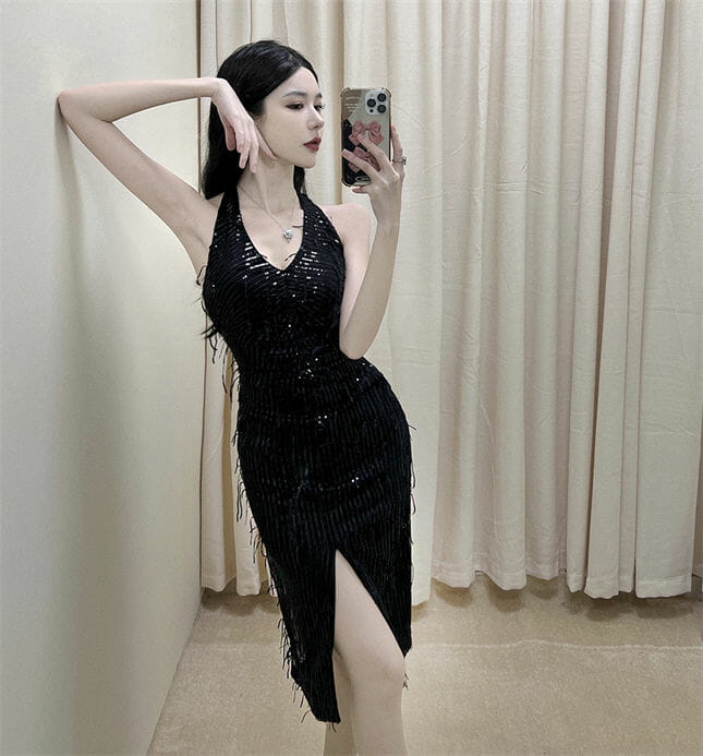 Korea Stylish V-Neck Sequins Tassels Split Halter Dress2 Korea Stylish V-neck Sequins Tassels Split Halter Dress 4