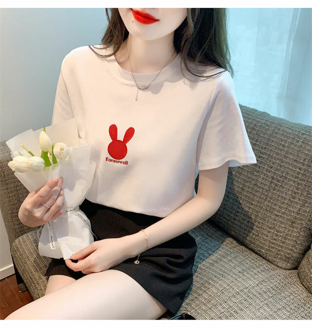 Lovely 2 Colors Rabbit Embroidery Cotton Tees Lovely 2 Colors Rabbit Embroidery Cotton Tees 6
