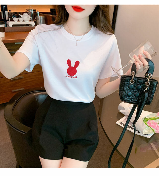 Lovely 2 Colors Rabbit Embroidery Cotton Tees3 Lovely 2 Colors Rabbit Embroidery Cotton Tees 4