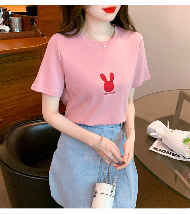 Lovely 2 Colors Rabbit Embroidery Cotton Tees4 Lovely 2 Colors Rabbit Embroidery Cotton Tees 3