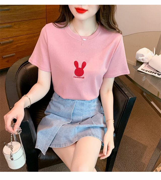 Lovely 2 Colors Rabbit Embroidery Cotton Tees5 Lovely 2 Colors Rabbit Embroidery Cotton Tees 2