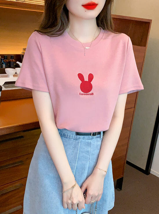 Lovely 2 Colors Rabbit Embroidery Cotton Tees6 Lovely 2 Colors Rabbit Embroidery Cotton Tees 1