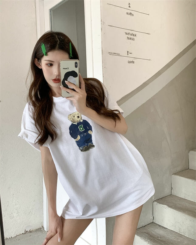 Lovely 3 Colors Bear Printings Loosen T-Shirts3 Lovely 3 Colors Bear Printings Loosen T-shirts 4