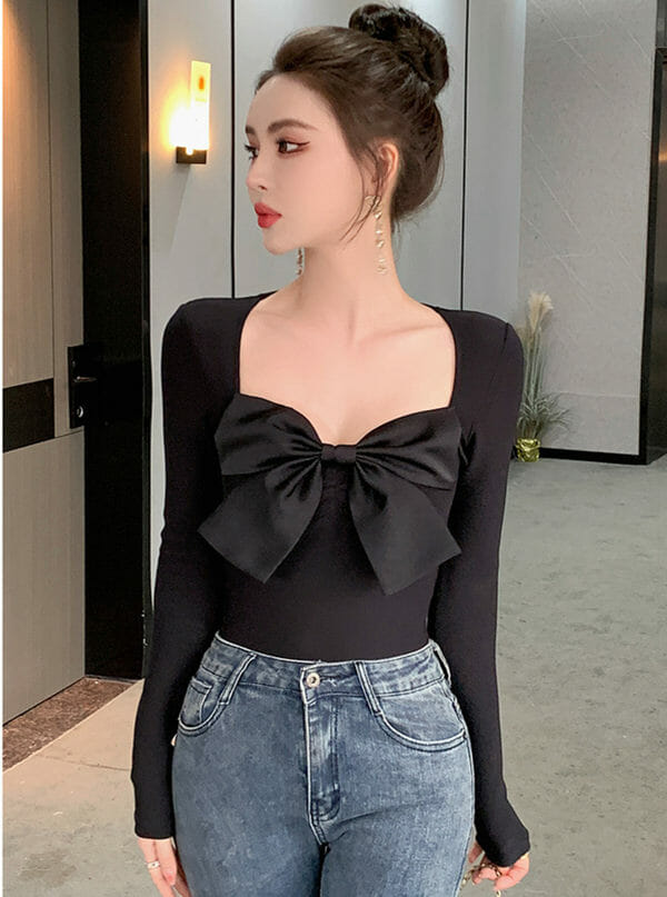 Lovely Bowknot Square Collar Long Sleeve Blouse2 Lovely Bowknot Square Collar Long Sleeve Blouse 4