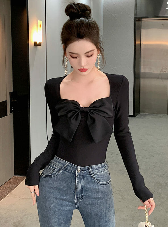 Lovely Bowknot Square Collar Long Sleeve Blouse3 Lovely Bowknot Square Collar Long Sleeve Blouse 3