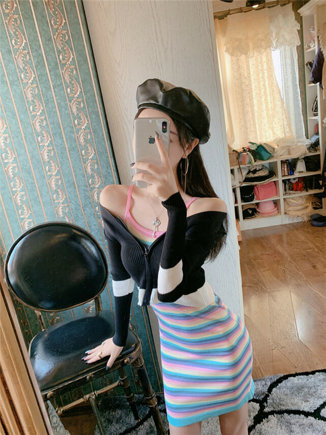 Lovely Fashion 2 Colors Zipper Knitting Tops With Stripes Dress1 Lovely Fashion 2 Colors Zipper Knitting Tops with Stripes Dress 5