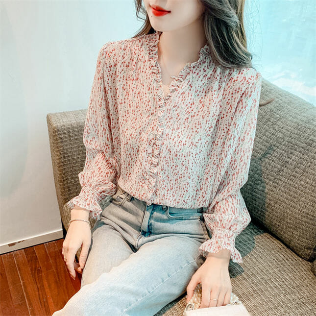 Lovely Flouncing V-Neck Loosen Chiffon Blouse Lovely Flouncing V-neck Loosen Chiffon Blouse 5