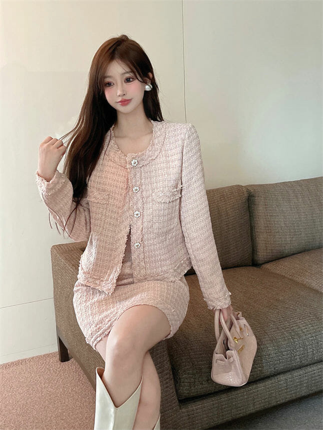 Lovely Girl 3 Colors Flowers Buttons Tweed Dress Set2 Lovely Girl 3 Colors Flowers Buttons Tweed Dress Set 5