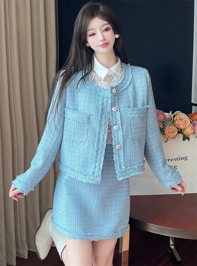 Lovely Girl 3 Colors Flowers Buttons Tweed Dress Set6 Lovely Girl 3 Colors Flowers Buttons Tweed Dress Set 1