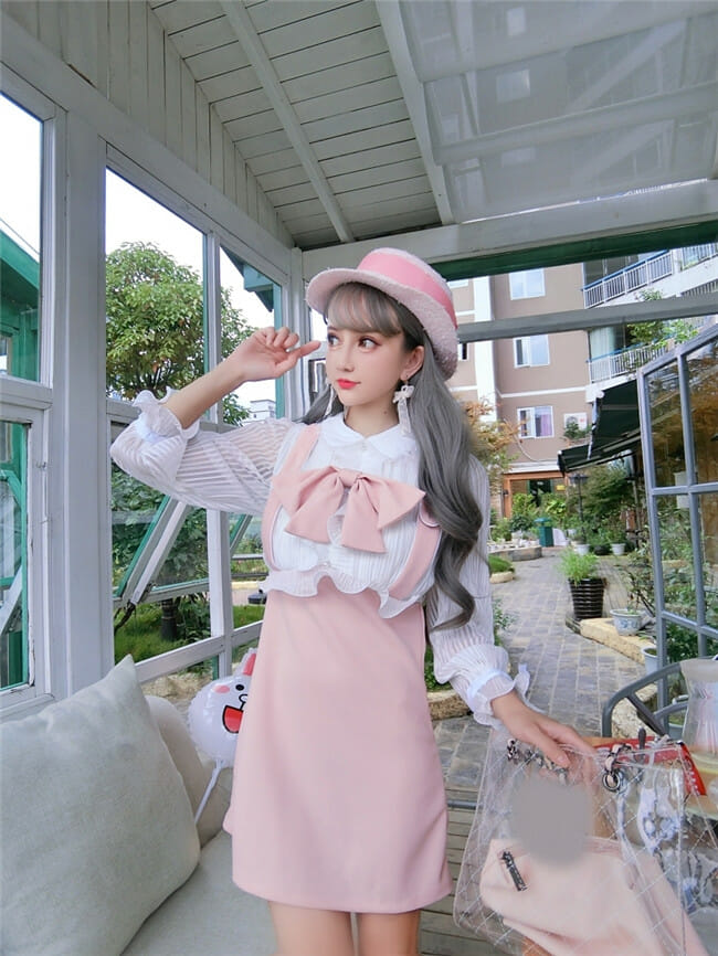 Lovely Girlish 3 Colors Bowknot Collar Gauze Sleeve Dress2 Lovely Girlish 3 Colors Bowknot Collar Gauze Sleeve Dress 6