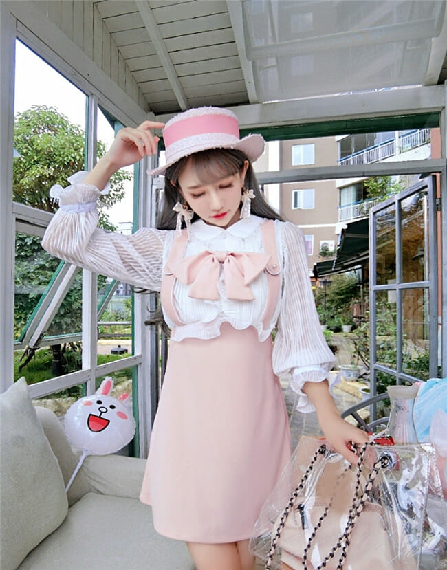 Lovely Girlish 3 Colors Bowknot Collar Gauze Sleeve Dress3 Lovely Girlish 3 Colors Bowknot Collar Gauze Sleeve Dress 5