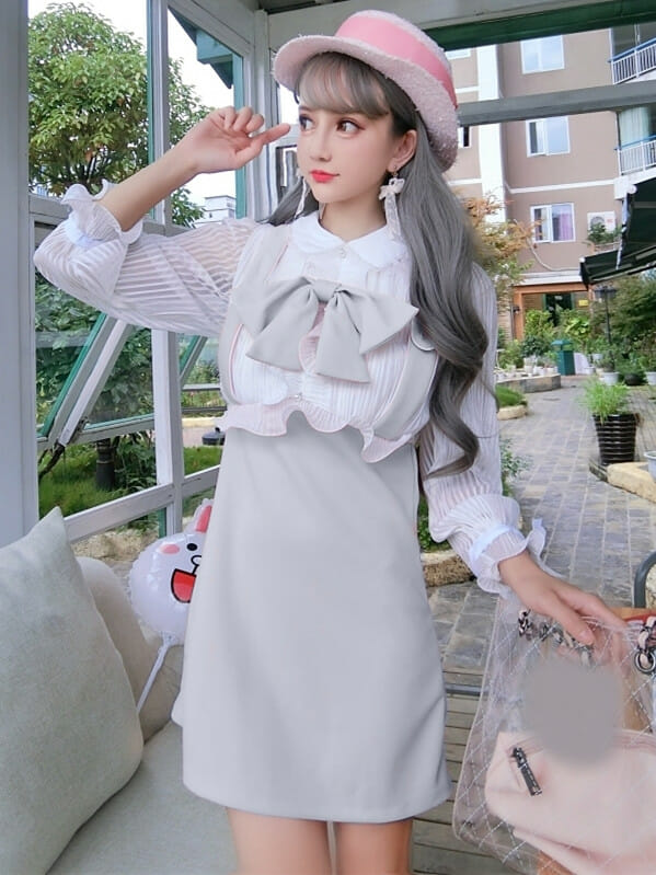 Lovely Girlish 3 Colors Bowknot Collar Gauze Sleeve Dress7 Lovely Girlish 3 Colors Bowknot Collar Gauze Sleeve Dress 1