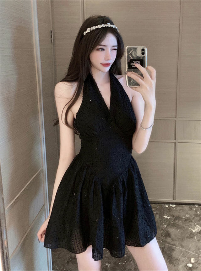 [ROMANTIC CROWN]★韓国大人気★MONOCHROME SHOULDERLESS DRESS R3751-