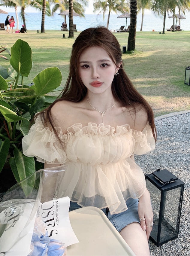 Lovely Sexy Flouncing Gauze Boat Neck Short Blouse Lovely Sexy Flouncing Gauze Boat Neck Short Blouse 5