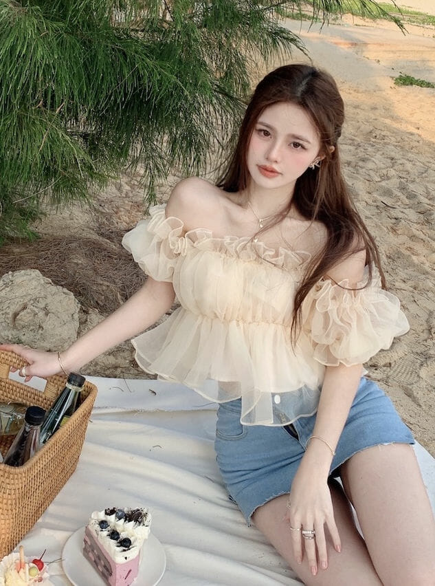 Lovely Sexy Flouncing Gauze Boat Neck Short Blouse2 Lovely Sexy Flouncing Gauze Boat Neck Short Blouse 4