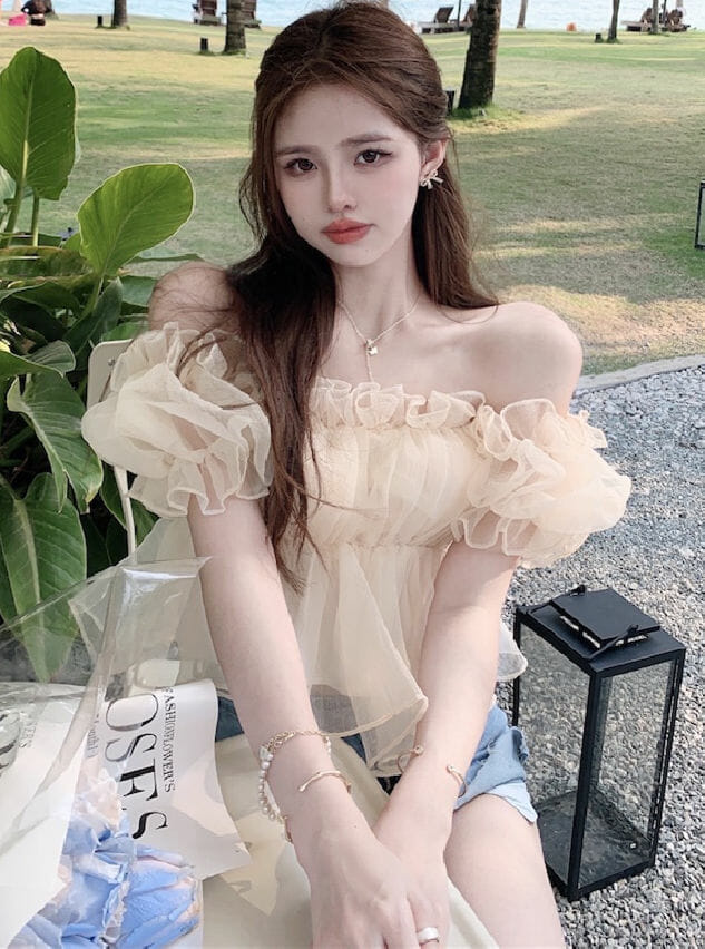 Lovely Sexy Flouncing Gauze Boat Neck Short Blouse5 Lovely Sexy Flouncing Gauze Boat Neck Short Blouse 1