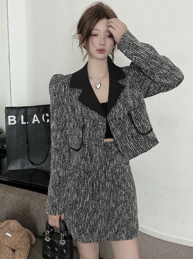 Modern Lady 2 Colors Double-Breasted Tailored Collar Slim Dress Set4 Modern Lady 2 Colors Double-breasted Tailored Collar Slim Dress Set 4