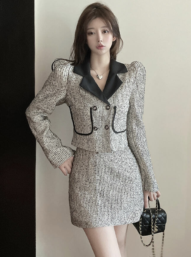 Modern Lady 2 Colors Double-Breasted Tailored Collar Slim Dress Set7 Modern Lady 2 Colors Double-breasted Tailored Collar Slim Dress Set 1