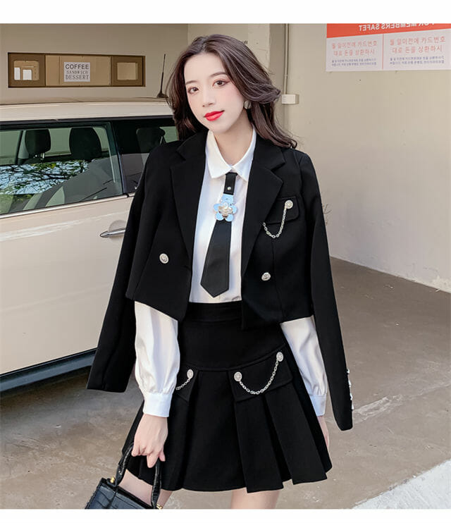 Modern Lady 2 Colors Tailored Collar Jacket With Pleated Skirt1 Modern Lady 2 Colors Tailored Collar Jacket with Pleated Skirt 5