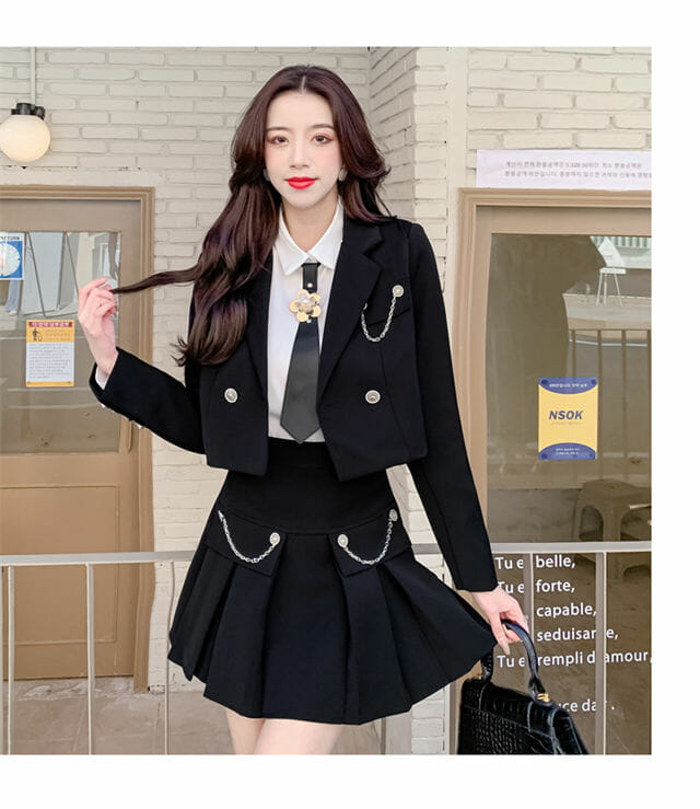 Modern Lady 2 Colors Tailored Collar Jacket With Pleated Skirt2 Modern Lady 2 Colors Tailored Collar Jacket with Pleated Skirt 4