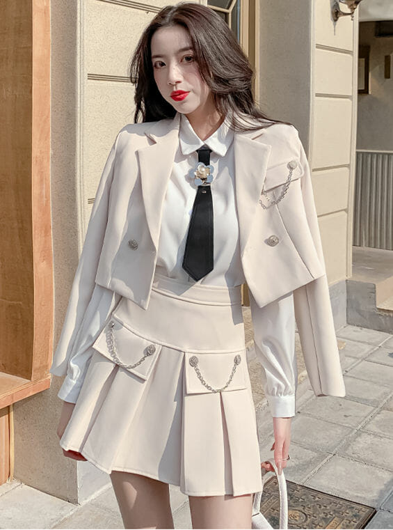 Modern Lady 2 Colors Tailored Collar Jacket With Pleated Skirt5 Modern Lady 2 Colors Tailored Collar Jacket with Pleated Skirt 1
