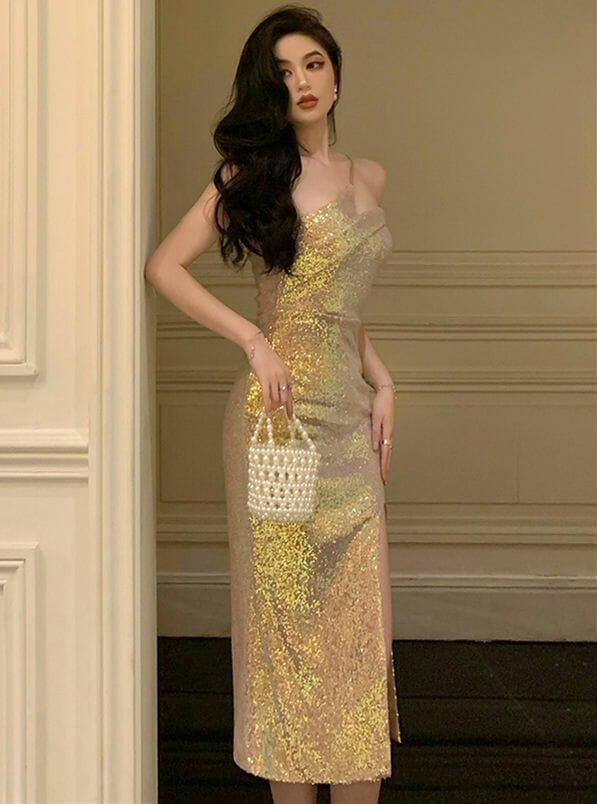 Modern Lady Off Shoulder Split Shining Boydocn Straps Dress4 Modern Lady Off Shoulder Split Shining Boydocn Straps Dress 2