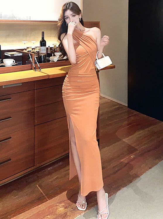 Modern Lady One Shoulder Pleated Split Long Dress5 Modern Lady One Shoulder Pleated Split Long Dress 1