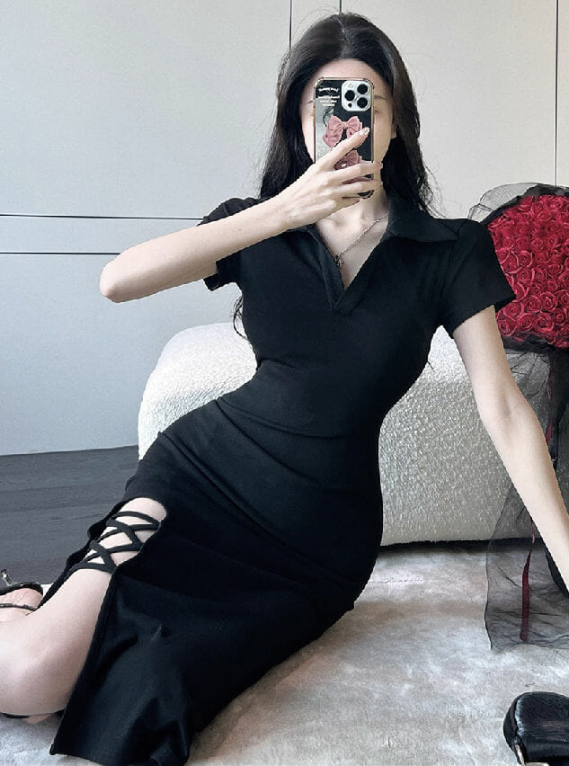 Modern Lady Shirt Collar High Waist Split Skinny Dress3 Modern Lady Shirt Collar High Waist Split Skinny Dress 3