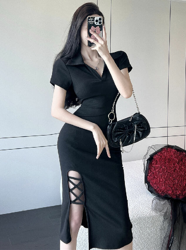 Modern Lady Shirt Collar High Waist Split Skinny Dress4 Modern Lady Shirt Collar High Waist Split Skinny Dress 2