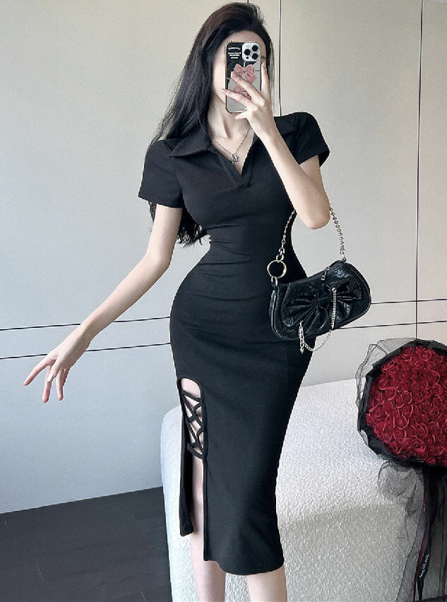 Modern Lady Shirt Collar High Waist Split Skinny Dress5 Modern Lady Shirt Collar High Waist Split Skinny Dress 1