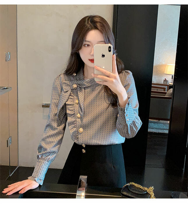 Modern Lady Single-Breasted Bowknot Collar Plaids Blouse Modern Lady Single-breasted Bowknot Collar Plaids Blouse 5