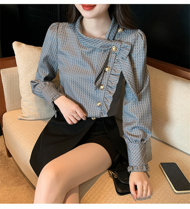 Modern Lady Single-Breasted Bowknot Collar Plaids Blouse2 Modern Lady Single-breasted Bowknot Collar Plaids Blouse 4