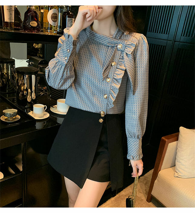 Modern Lady Single-Breasted Bowknot Collar Plaids Blouse4 Modern Lady Single-breasted Bowknot Collar Plaids Blouse 2