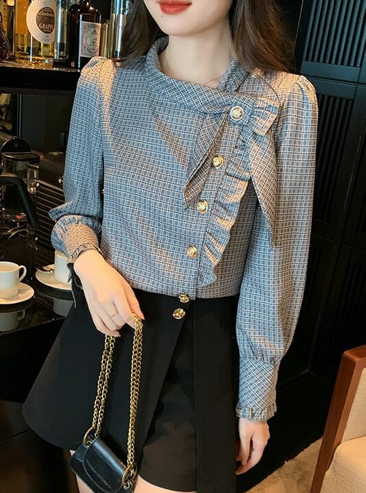 Modern Lady Single-Breasted Bowknot Collar Plaids Blouse5 Modern Lady Single-breasted Bowknot Collar Plaids Blouse 1