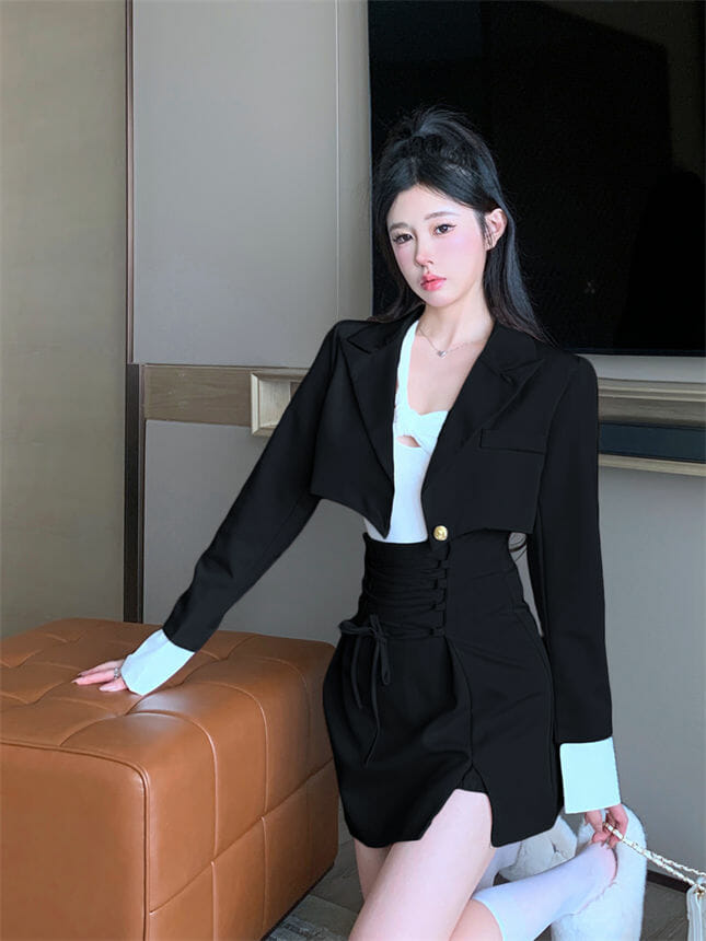 Modern Lady Tailored Collar Short Coat With Tie Waist Bud Skirt2 Modern Lady Tailored Collar Short Coat with Tie Waist Bud Skirt 3