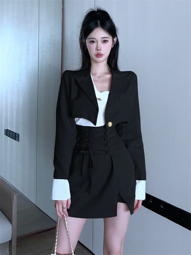 Modern Lady Tailored Collar Short Coat With Tie Waist Bud Skirt3 Modern Lady Tailored Collar Short Coat with Tie Waist Bud Skirt 1