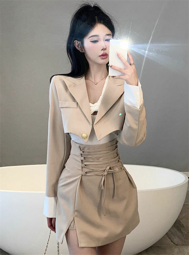 Modern Lady Tailored Collar Short Coat With Tie Waist Bud Skirt6 Modern Lady Tailored Collar Short Coat with Tie Waist Bud Skirt 4